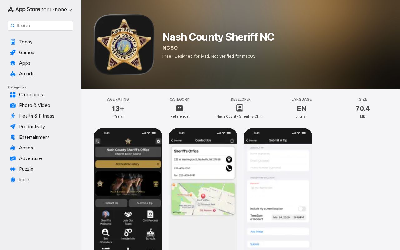 Nash County Sheriff app listing checked for mugshot tools